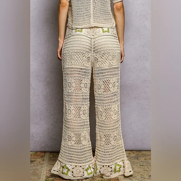 POL Openwork Crochet Flare Pants with Contrast Star